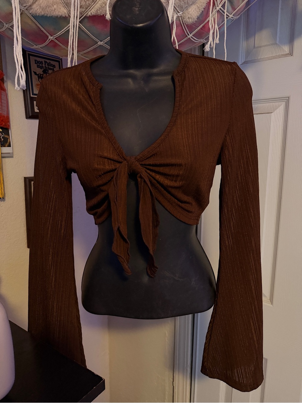 SHEIN Brown Ribbed Tie-Front Long Sleeve Crop Top